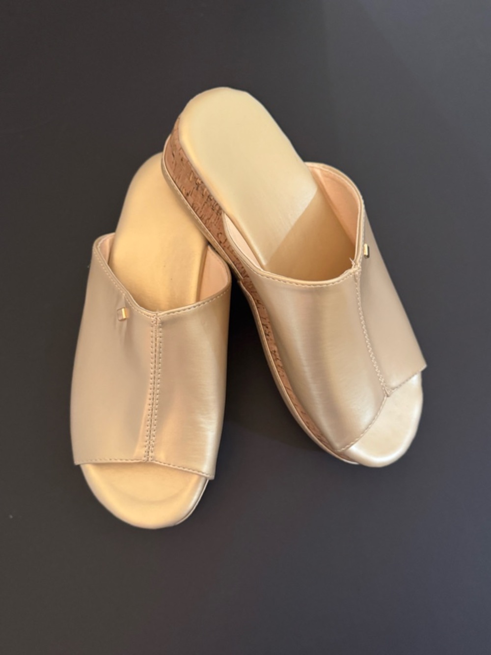 Metallic Cream Slip-On Mules with Cork Heel